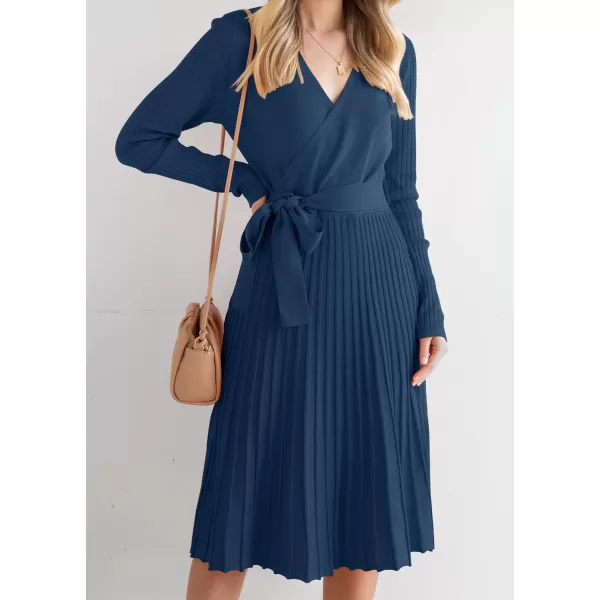 ZESICA Womens 2024 Fall Long Sleeve Wrap V Neck Ribbed Knit Pleated A Line Pullover Sweater Dress with BeltNavy