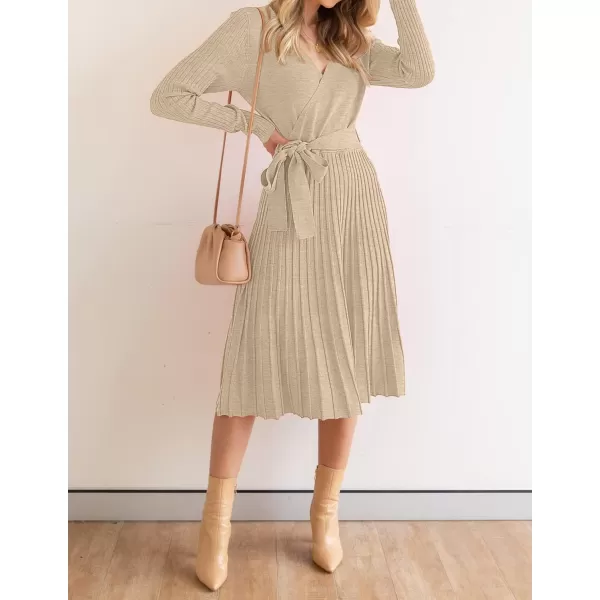 ZESICA Womens 2024 Fall Long Sleeve Wrap V Neck Ribbed Knit Pleated A Line Pullover Sweater Dress with BeltOatmeal