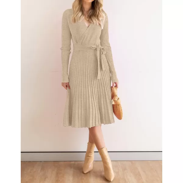 ZESICA Womens 2024 Fall Long Sleeve Wrap V Neck Ribbed Knit Pleated A Line Pullover Sweater Dress with BeltOatmeal
