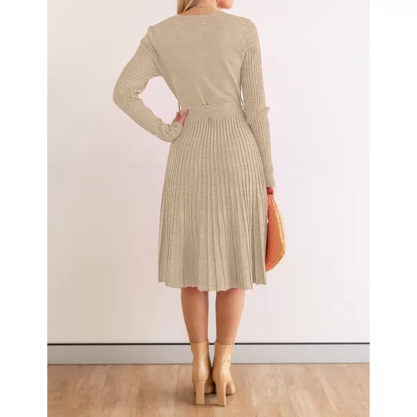 ZESICA Womens 2024 Fall Long Sleeve Wrap V Neck Ribbed Knit Pleated A Line Pullover Sweater Dress with BeltOatmeal