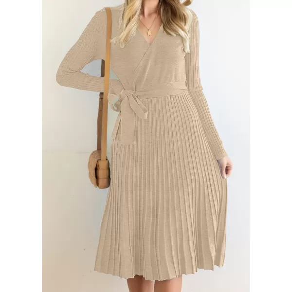 ZESICA Womens 2024 Fall Long Sleeve Wrap V Neck Ribbed Knit Pleated A Line Pullover Sweater Dress with BeltOatmeal