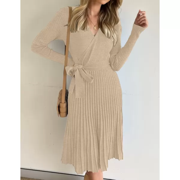 ZESICA Womens 2024 Fall Long Sleeve Wrap V Neck Ribbed Knit Pleated A Line Pullover Sweater Dress with BeltOatmeal