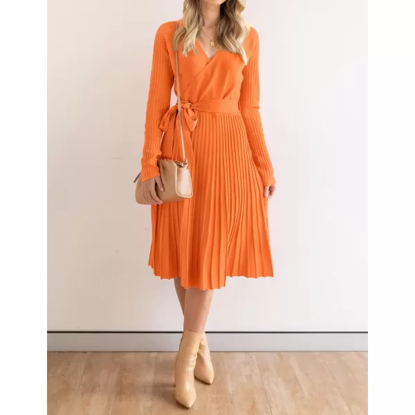 ZESICA Womens 2024 Fall Long Sleeve Wrap V Neck Ribbed Knit Pleated A Line Pullover Sweater Dress with BeltOrange