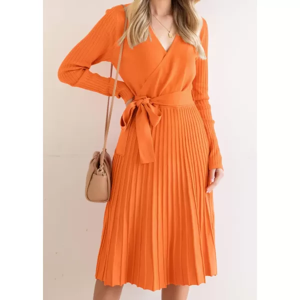 ZESICA Womens 2024 Fall Long Sleeve Wrap V Neck Ribbed Knit Pleated A Line Pullover Sweater Dress with BeltOrange