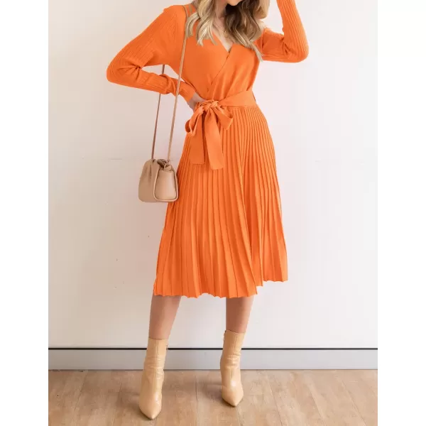 ZESICA Womens 2024 Fall Long Sleeve Wrap V Neck Ribbed Knit Pleated A Line Pullover Sweater Dress with BeltOrange