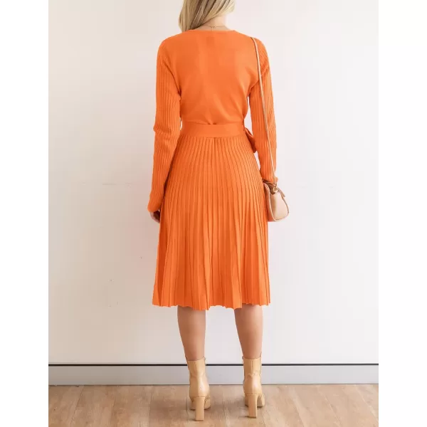 ZESICA Womens 2024 Fall Long Sleeve Wrap V Neck Ribbed Knit Pleated A Line Pullover Sweater Dress with BeltOrange