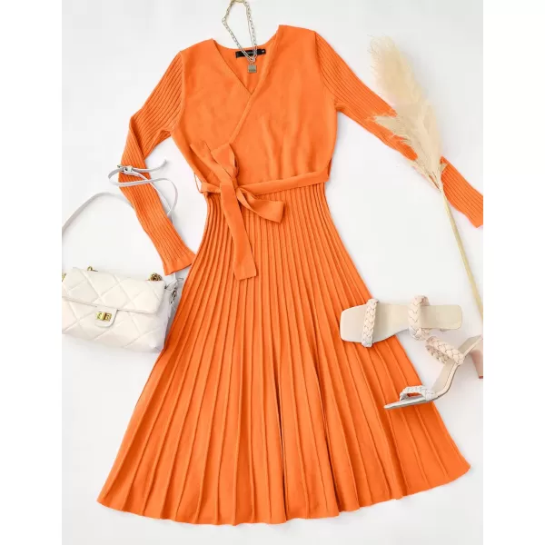 ZESICA Womens 2024 Fall Long Sleeve Wrap V Neck Ribbed Knit Pleated A Line Pullover Sweater Dress with BeltOrange