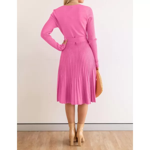 ZESICA Womens 2024 Fall Long Sleeve Wrap V Neck Ribbed Knit Pleated A Line Pullover Sweater Dress with BeltPink
