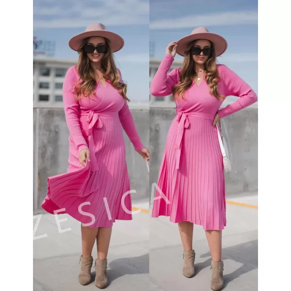 ZESICA Womens 2024 Fall Long Sleeve Wrap V Neck Ribbed Knit Pleated A Line Pullover Sweater Dress with BeltPink