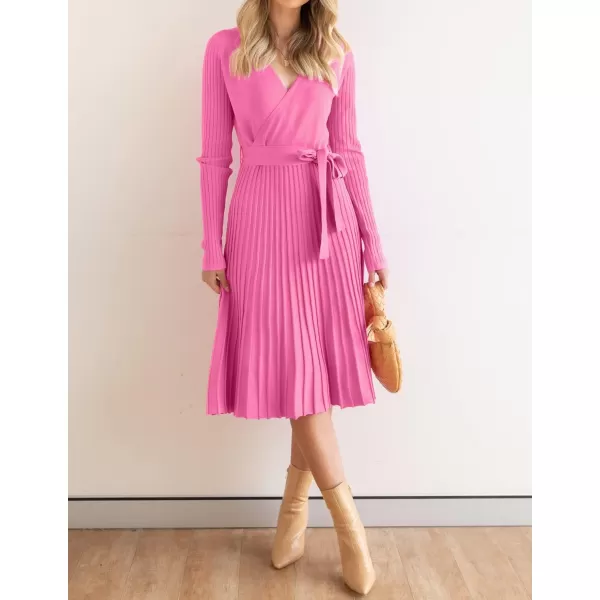 ZESICA Womens 2024 Fall Long Sleeve Wrap V Neck Ribbed Knit Pleated A Line Pullover Sweater Dress with BeltPink