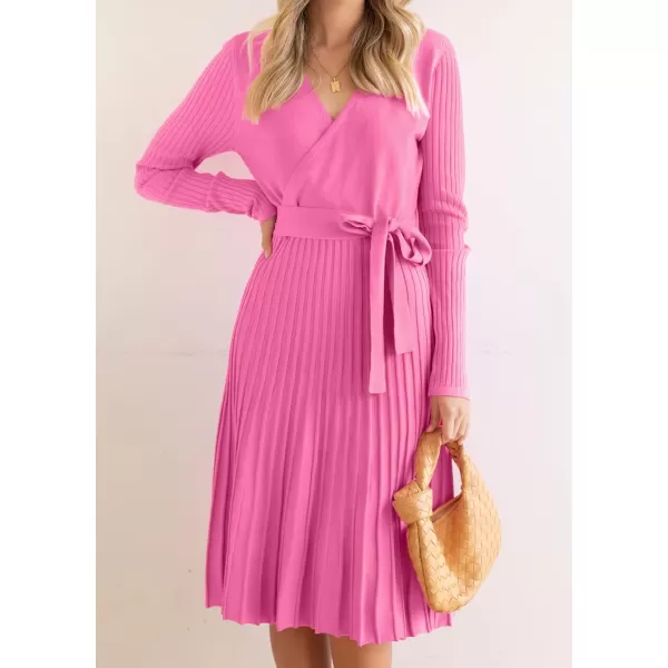 ZESICA Womens 2024 Fall Long Sleeve Wrap V Neck Ribbed Knit Pleated A Line Pullover Sweater Dress with BeltPink