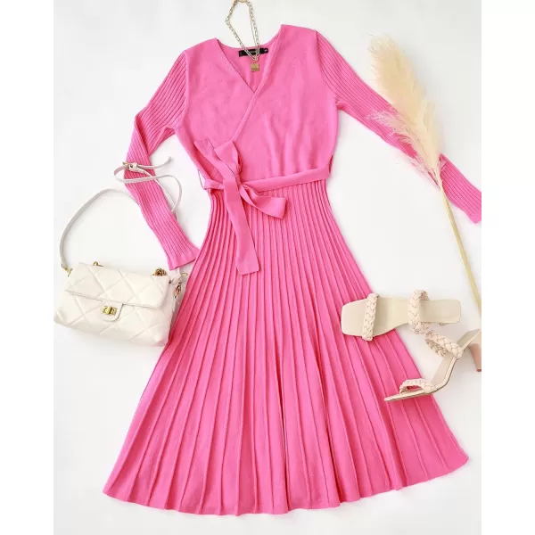 ZESICA Womens 2024 Fall Long Sleeve Wrap V Neck Ribbed Knit Pleated A Line Pullover Sweater Dress with BeltPink