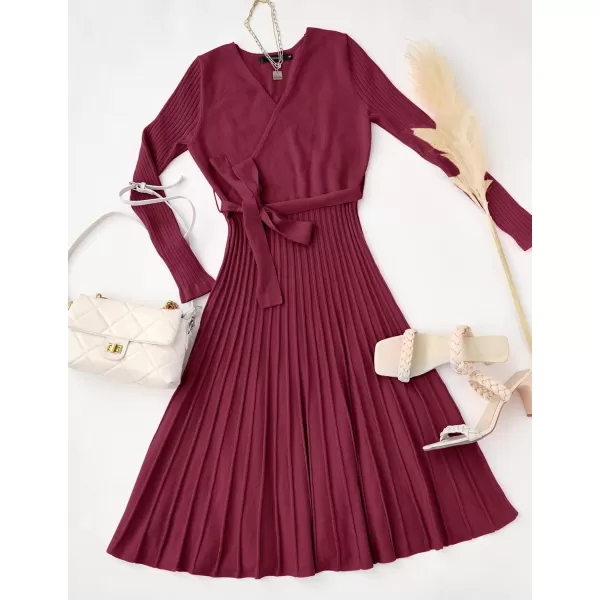ZESICA Womens 2024 Fall Long Sleeve Wrap V Neck Ribbed Knit Pleated A Line Pullover Sweater Dress with BeltPlum
