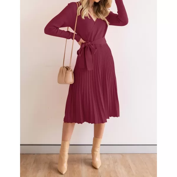ZESICA Womens 2024 Fall Long Sleeve Wrap V Neck Ribbed Knit Pleated A Line Pullover Sweater Dress with BeltPlum