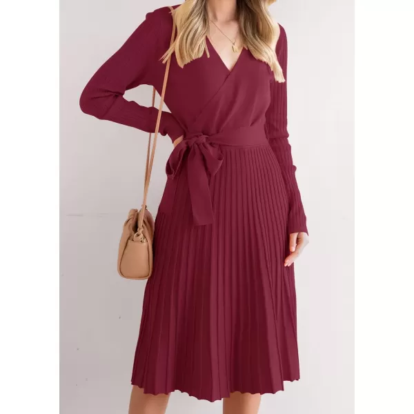 ZESICA Womens 2024 Fall Long Sleeve Wrap V Neck Ribbed Knit Pleated A Line Pullover Sweater Dress with BeltPlum