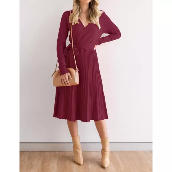 ZESICA Womens 2024 Fall Long Sleeve Wrap V Neck Ribbed Knit Pleated A Line Pullover Sweater Dress with BeltPlum