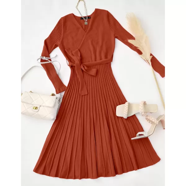 ZESICA Womens 2024 Fall Long Sleeve Wrap V Neck Ribbed Knit Pleated A Line Pullover Sweater Dress with BeltRust