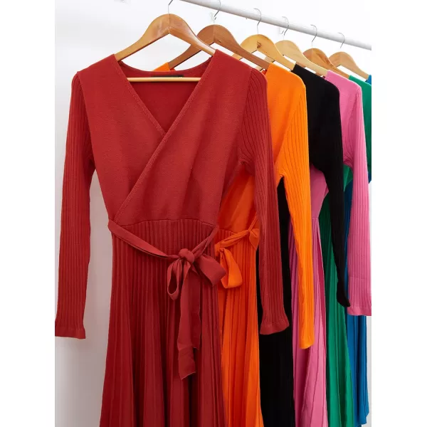ZESICA Womens 2024 Fall Long Sleeve Wrap V Neck Ribbed Knit Pleated A Line Pullover Sweater Dress with BeltRust