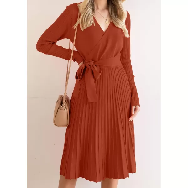 ZESICA Womens 2024 Fall Long Sleeve Wrap V Neck Ribbed Knit Pleated A Line Pullover Sweater Dress with BeltRust