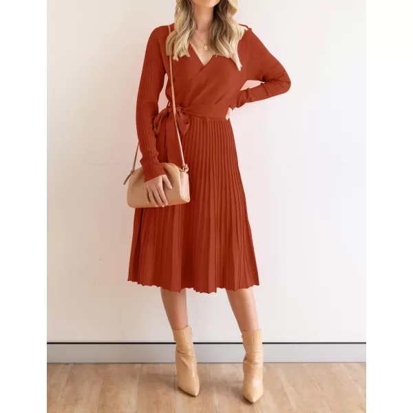 ZESICA Womens 2024 Fall Long Sleeve Wrap V Neck Ribbed Knit Pleated A Line Pullover Sweater Dress with BeltRust