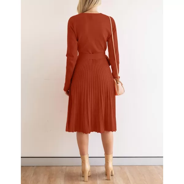 ZESICA Womens 2024 Fall Long Sleeve Wrap V Neck Ribbed Knit Pleated A Line Pullover Sweater Dress with BeltRust
