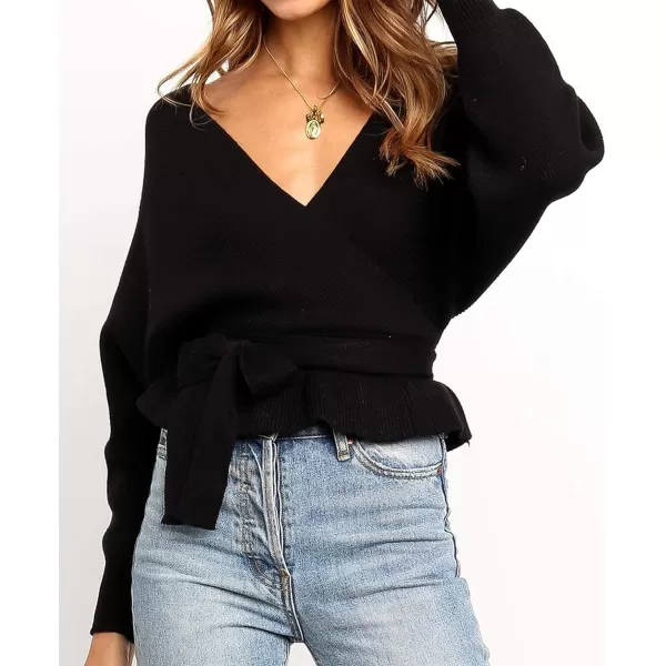 ZESICA Womens 2024 Fall Wrap V Neck Long Batwing Sleeve Belted Waist Ruffle Knitted Sweater Pullover TopBlack