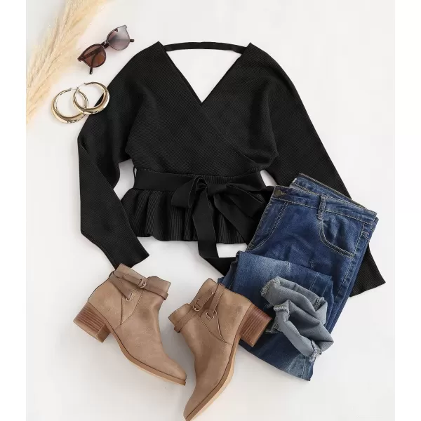 ZESICA Womens 2024 Fall Wrap V Neck Long Batwing Sleeve Belted Waist Ruffle Knitted Sweater Pullover TopBlack
