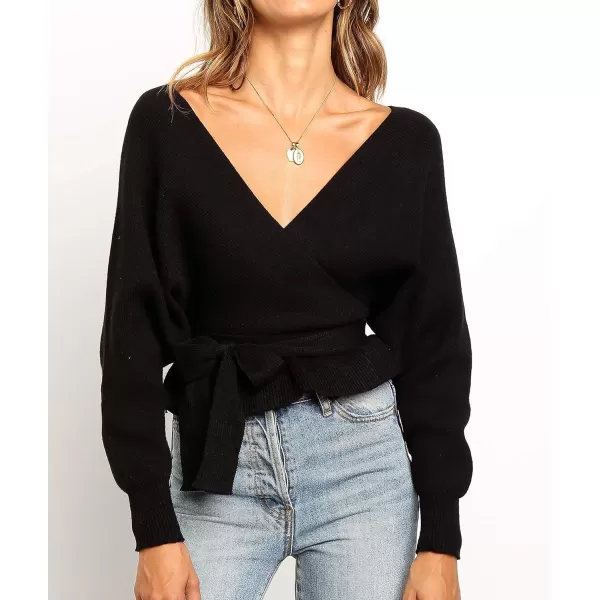 ZESICA Womens 2024 Fall Wrap V Neck Long Batwing Sleeve Belted Waist Ruffle Knitted Sweater Pullover TopBlack