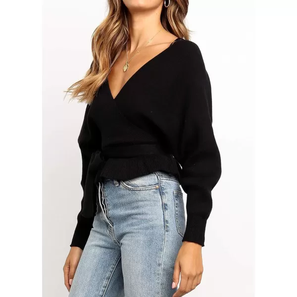 ZESICA Womens 2024 Fall Wrap V Neck Long Batwing Sleeve Belted Waist Ruffle Knitted Sweater Pullover TopBlack