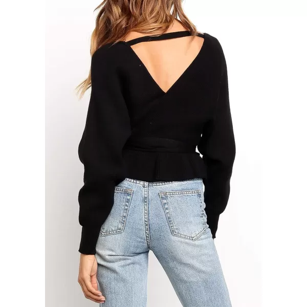 ZESICA Womens 2024 Fall Wrap V Neck Long Batwing Sleeve Belted Waist Ruffle Knitted Sweater Pullover TopBlack