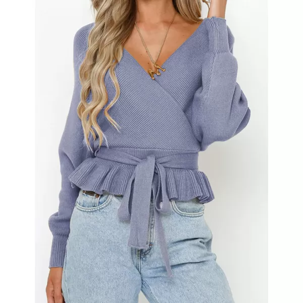 ZESICA Womens 2024 Fall Wrap V Neck Long Batwing Sleeve Belted Waist Ruffle Knitted Sweater Pullover TopBlue