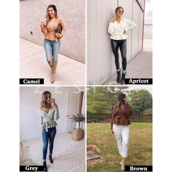 ZESICA Womens 2024 Fall Wrap V Neck Long Batwing Sleeve Belted Waist Ruffle Knitted Sweater Pullover TopBlue