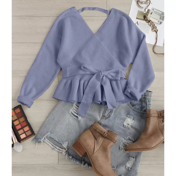 ZESICA Womens 2024 Fall Wrap V Neck Long Batwing Sleeve Belted Waist Ruffle Knitted Sweater Pullover TopBlue