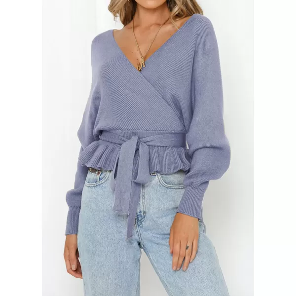 ZESICA Womens 2024 Fall Wrap V Neck Long Batwing Sleeve Belted Waist Ruffle Knitted Sweater Pullover TopBlue