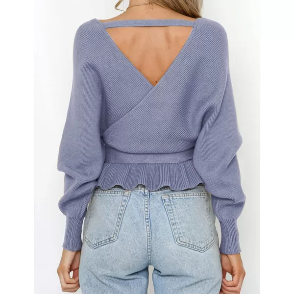 ZESICA Womens 2024 Fall Wrap V Neck Long Batwing Sleeve Belted Waist Ruffle Knitted Sweater Pullover TopBlue