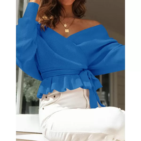 ZESICA Womens 2024 Fall Wrap V Neck Long Batwing Sleeve Belted Waist Ruffle Knitted Sweater Pullover TopBrightblue