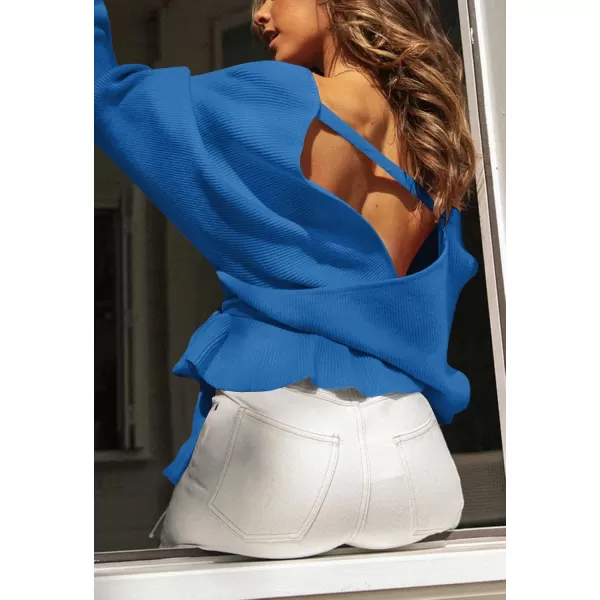 ZESICA Womens 2024 Fall Wrap V Neck Long Batwing Sleeve Belted Waist Ruffle Knitted Sweater Pullover TopBrightblue