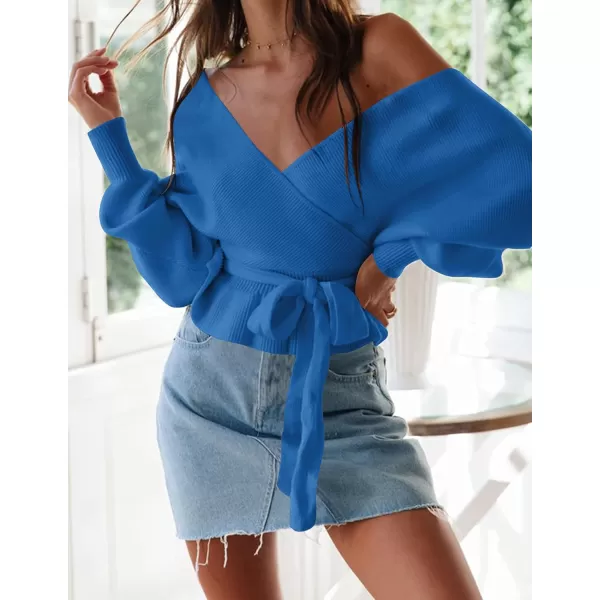 ZESICA Womens 2024 Fall Wrap V Neck Long Batwing Sleeve Belted Waist Ruffle Knitted Sweater Pullover TopBrightblue