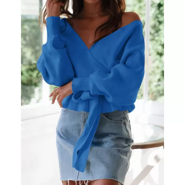ZESICA Womens 2024 Fall Wrap V Neck Long Batwing Sleeve Belted Waist Ruffle Knitted Sweater Pullover TopBrightblue