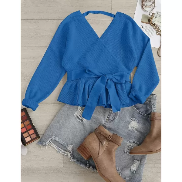 ZESICA Womens 2024 Fall Wrap V Neck Long Batwing Sleeve Belted Waist Ruffle Knitted Sweater Pullover TopBrightblue