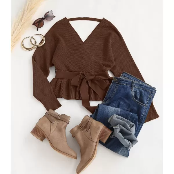 ZESICA Womens 2024 Fall Wrap V Neck Long Batwing Sleeve Belted Waist Ruffle Knitted Sweater Pullover TopBrown