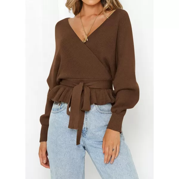 ZESICA Womens 2024 Fall Wrap V Neck Long Batwing Sleeve Belted Waist Ruffle Knitted Sweater Pullover TopBrown