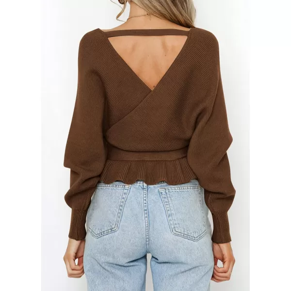 ZESICA Womens 2024 Fall Wrap V Neck Long Batwing Sleeve Belted Waist Ruffle Knitted Sweater Pullover TopBrown