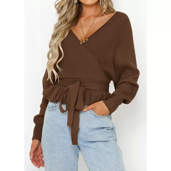 ZESICA Womens 2024 Fall Wrap V Neck Long Batwing Sleeve Belted Waist Ruffle Knitted Sweater Pullover TopBrown