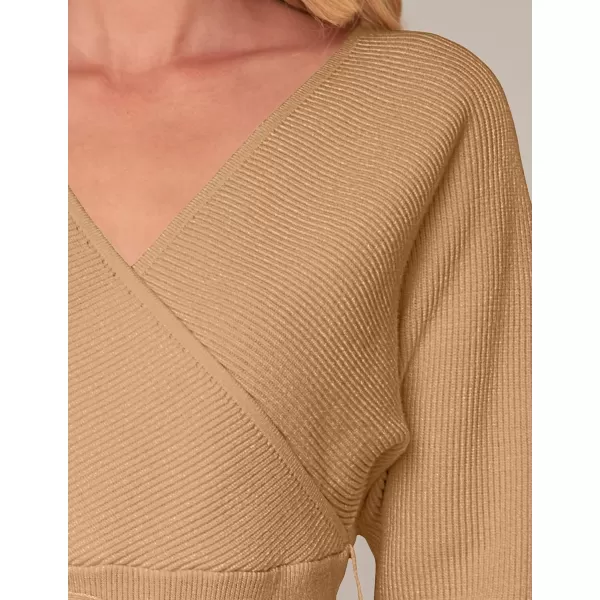 ZESICA Womens 2024 Fall Wrap V Neck Long Batwing Sleeve Belted Waist Ruffle Knitted Sweater Pullover TopCamel