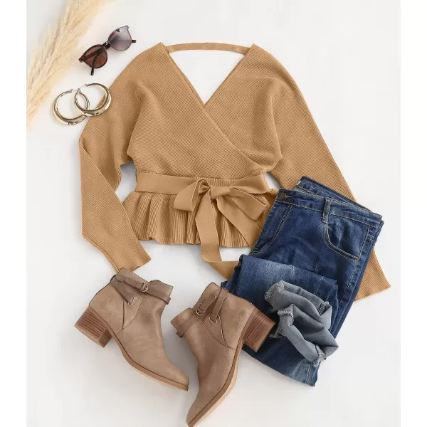 ZESICA Womens 2024 Fall Wrap V Neck Long Batwing Sleeve Belted Waist Ruffle Knitted Sweater Pullover TopCamel