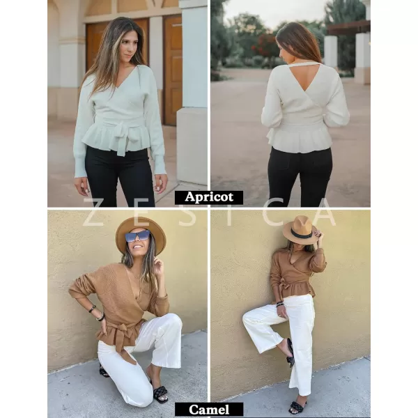 ZESICA Womens 2024 Fall Wrap V Neck Long Batwing Sleeve Belted Waist Ruffle Knitted Sweater Pullover TopCamel