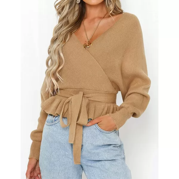 ZESICA Womens 2024 Fall Wrap V Neck Long Batwing Sleeve Belted Waist Ruffle Knitted Sweater Pullover TopCamel