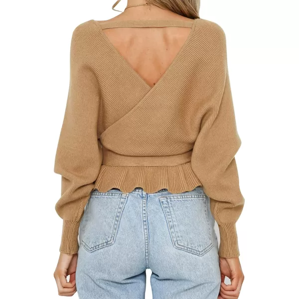 ZESICA Womens 2024 Fall Wrap V Neck Long Batwing Sleeve Belted Waist Ruffle Knitted Sweater Pullover TopCamel