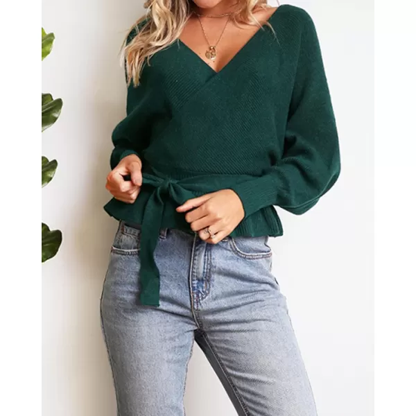 ZESICA Womens 2024 Fall Wrap V Neck Long Batwing Sleeve Belted Waist Ruffle Knitted Sweater Pullover TopGreen